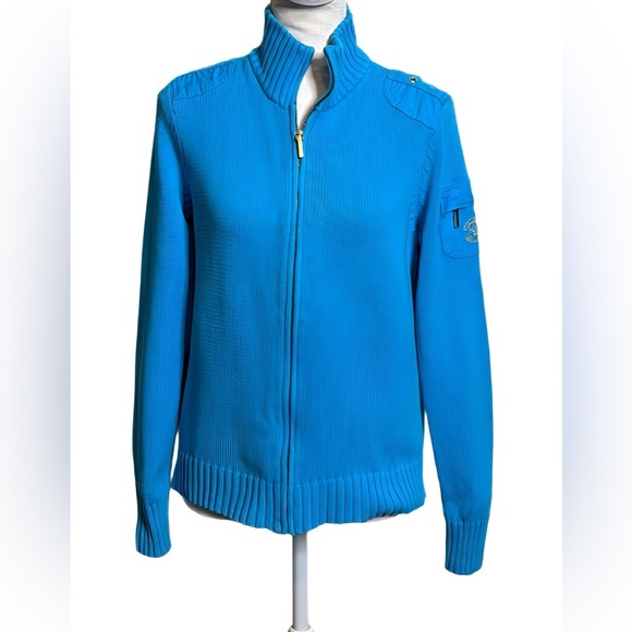 Lauren Ralph Lauren Womens Blue Cable-Knit Zip Sweater Cardigan Preppy Momcore M - Picture 1 of 13